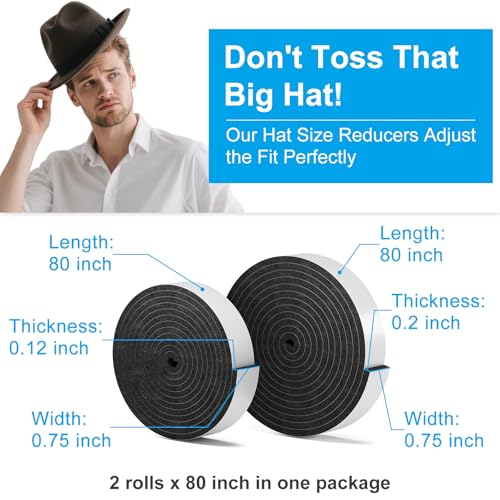 Image of 2 Pack Hat Size Reducer Tape Roll 80 inch, Hat Inserts to Make Fit Comfort, Fitted Sizer Reducer Insert for Loose Baseball Fedora Cowboy Western Panama & Straw Hats, Self Adhesive Foam Tape, Black