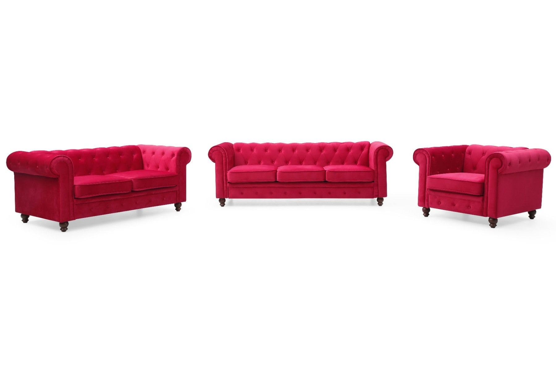 Menzzo - Divano a 3 posti in legno e velluto, 80 x 207 x 72 cm, Legno, rosso, 207x80x72