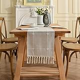 Gernaice Rustic Lattice Linen Table Runner 13 x 60 Inches Vintage Checkered Boho Farmhouse Embroidery Plaid 60 Inches Long Table Runners with Tassel Kitchen Dining Holiday Party Home Decor Brown