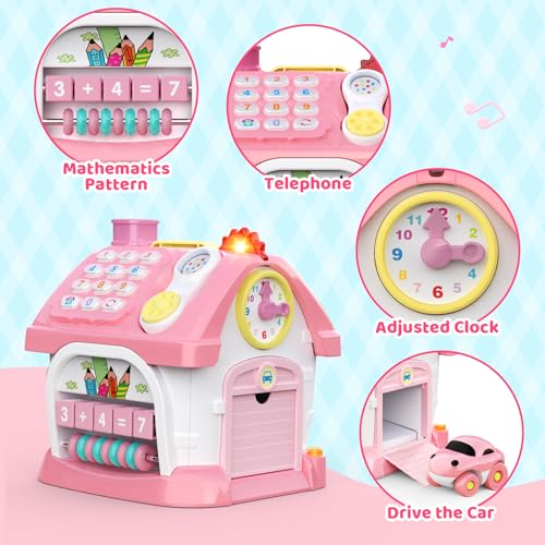 Spielzeug für 1 2 Jahre alte Mädchen: Montessori-Spielzeug für 1 Jahr alt, 6 in 1 Multi-Funktions-Haus Baby-Spielzeug mit Musik/Uhr/Licht/Telefon/Auto, Geburtstagsgeschenke für 1 2 Jahre alte Mädchen