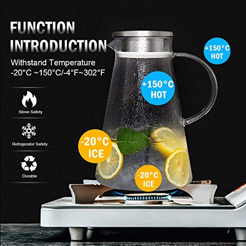Image of 1.8 Litre Glass Jug for Water with Lid | Borosilicate Glass Jug for Kitchen Storage Hot and Cold Water, Juice, Tea, Milk, Coffee with Handle | Glass Jug with Airtight Stainless Steel Lid (1800 ml, Pack of 1)