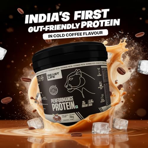 Image of BeastLife Performance Yeast Protein Powder | 25g Protein | Cold Coffee |NABL Lab Certified | High Absorption for Muscle Growth |Smooth & Light, Easy to Digest with Ultrasorb Tech|5.64g BCAA | Best For Gut | Beta Glucan | Improves Immune Function | 6 Kg