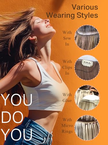 Image of DOORES Sew In Hair Extensions Real Human Hair, Light Blonde Highlighted Golden Blonde 18 Inch 100g, Hand Made Sew In Weft Extensions