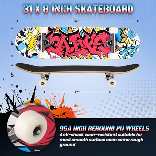 Image of Pro Complete Skateboards for Beginners Girls Boys Kids Youths Teens Adults 31 inchx8 inch Skate Boards 7 Layers Canadian Maple Double Kick Deck Concave Longboard