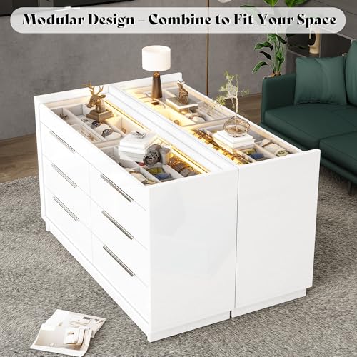 Image of AMERLIFE 47.2 inch W 8 Drawer Dresser with LED Light & Glass Top, Modern High Gloss Storage Chest with 2 Jewelry Drawers, Storage Organizer for Bedroom, White