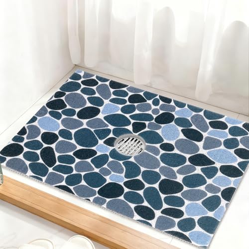 Image of Square Shower Mat Non Slip: 32 x 24 Inch Extra Large Shower Mats with Drain Hole in Middle - PVC Loofah Anti Slip Shower Floor Matt for Inside Shower