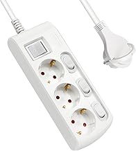 EXTRASTAR Regleta Alargador con 3 Enchufes + 3 Interruptor Individuales, 1 Interruptor Principal, Cable 1.5M Clavija Plana, para el hogar, Oficina y Viajes, 16A, 250V, 3680W, Blanco