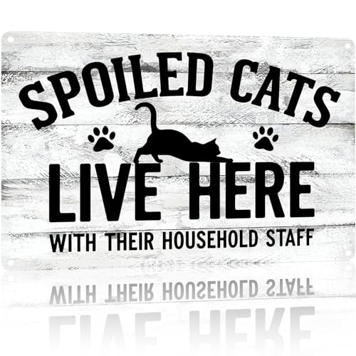 Funny Cat Tin Sign Rustic White Wood Style Wall Decor Farmhouse Pet Lover Plaque Gift for Cat Lovers Home Kitchen Living Room Decor 8x12 Inch (26011)
