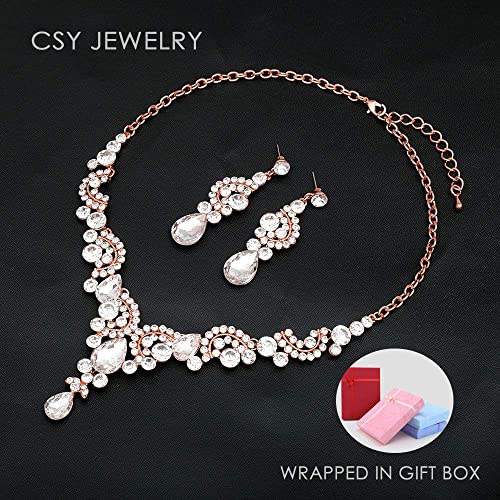 CSY Elegant Crystal Necklace Earrings Bracelet Ring Bridal Wedding Party Costume Jewelry Sets for Brides Women (white crystal - rose gold tone) by CSY - Used condition - Image 4