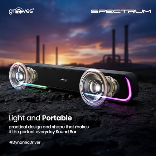 Image of Grooves Specturm Soundbar, 16W Signature Sound, RGB LEDs, Dual Full-Range Drivers, Upto 5H Battery, TWS, Multi Ports, Bluetooth Sound bar, Home Theatre Soundbar Speaker (Premium Black)