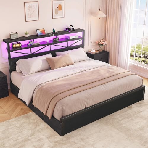 Image of Homkdom King Size Bed Frame with Large 4 Drawers, 2-Tier Shelf, LED Light and Charging Station, Heavy Duty Platform Bed with 880 lbs Capacity, Easy Assembly, Black