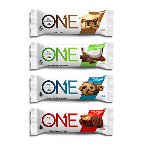 ONE Protein Bars, Chocolate Lovers Variety Pack, Gluten Free 20g Protein and Only 1g Sugar, S'Mores, Chocolate Chip Cookie Dough, Peanut Butter Cup & Almond Bliss, 2.12 oz (12 Pack)