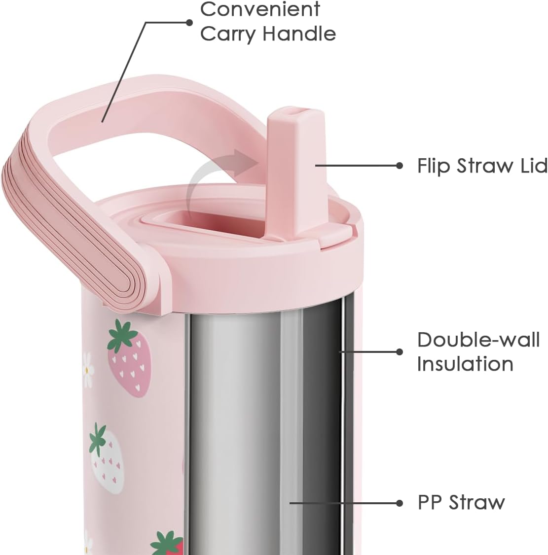 SANDJEST Strawberry Stainless Steel Straw Lid Tumbler 30oz with Carry Handle for Women Girls, Insulated Travel Coffee Cup, Gift for Sports Workout Christmas Birthday - Image 2