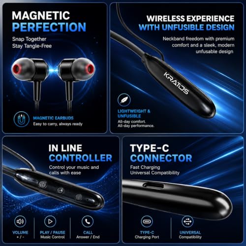 Image of Kratos Jazz Neckband Bluetooth Headphones with 55H Playtime, Deep Bass, Stereo Sound, HD Calls, Magnetic Earbuds, Voice Assistant, Type-C Fast Charging, Rich Audio, Comfort Fit Bluetooth Neckband