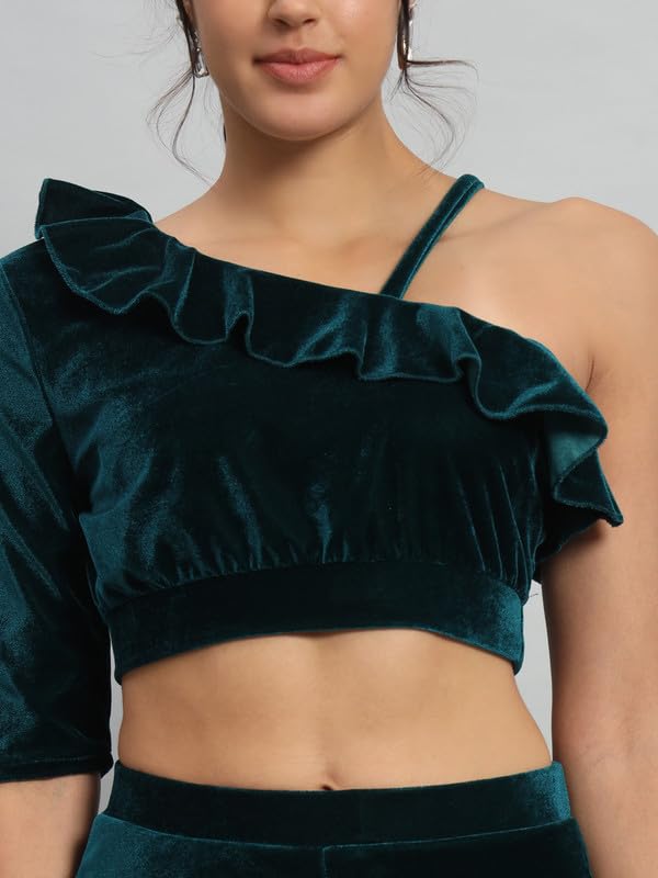 Image of Vaararo Velvet Co-Ords for Women | One Sleeve Crop Top with Palazzo Set Casual Party Dress