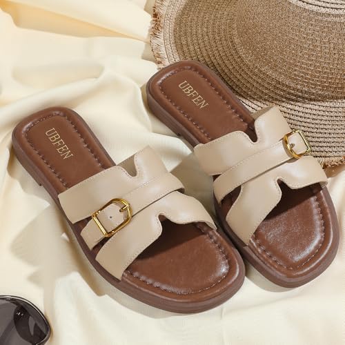 Image of UBFEN Womens Square Toe Flat Sandals Slides Dressy Comfortable for Beach
