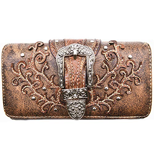 Western Style Tooled Leather Conceal Carry Purse Buckle Country Large Totes Handbag Women Shoulder Bag Wallet Set Brown3