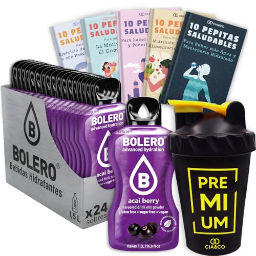 24 x Bebida Bolero BAYAS DE ACAI Hidratante Sin Azucar (24x9 grs) + 50 Pepitas Saludables para una vida más sana by Cia&Co + 1 Botella mezcladora shaker exclusiva Cia&Co (500 ml)