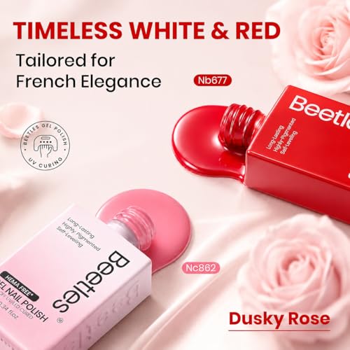 Image of Beetles French Gel Nail Polish Set, Dusky Rose Red Pink Manicure Kit with HEMA-Free Base Coat Top Long Lasting Soak Off UV LED Nail Art Set for Design Lovers