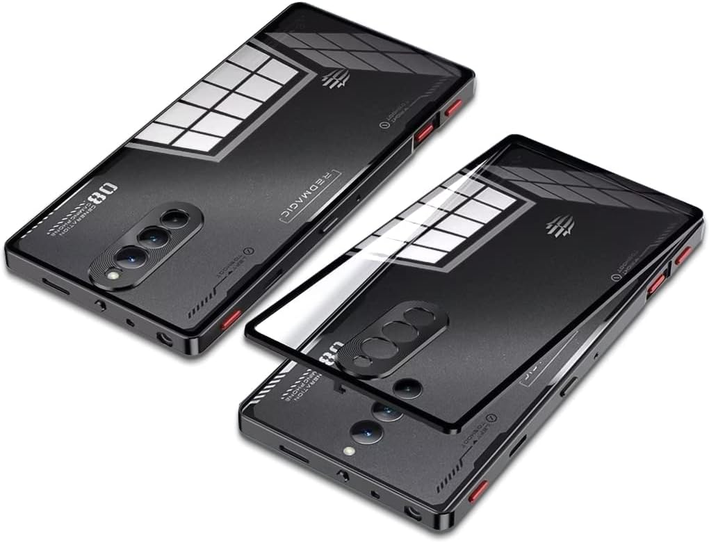 Case Compatible With Red Magic 8 Pro/Pro Plus, Magnetic Metal Frame+Clear Tempered Glass Back Cover With Shockproof Camera Protection (Black)