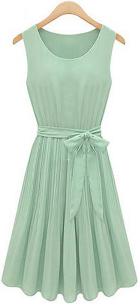 Summer 2014 Women's Sleeveless Pleated Chiffon Dress (Green, Asia S)