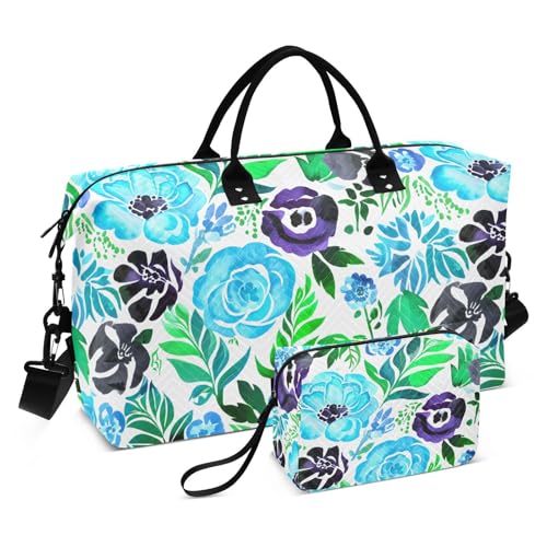 Watercolor Flower Foliage Travel Duffel Bag for Men Women with Makeup Bag Weekend Overnight Carry On Bags for Airline Travel Under Seat