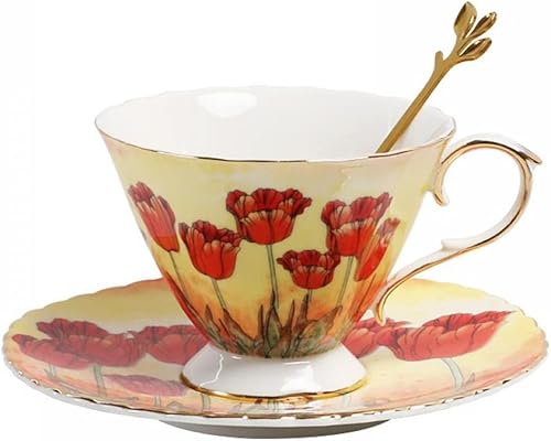 Sizikato Juego de taza y platillo de porcelana con cuchara dorada, taza de café de taza de té de 8 onzas, patrón de flor de amapola roja