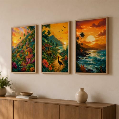 Image of Livin'luxe Set of 3 Tropical Sunset Landscape Wall Paintings for Living Room Dining Bedroom Home Decor with Premium Wooden Color Synthetic Frame (13.5 x 19.5 Inch) NM03-75