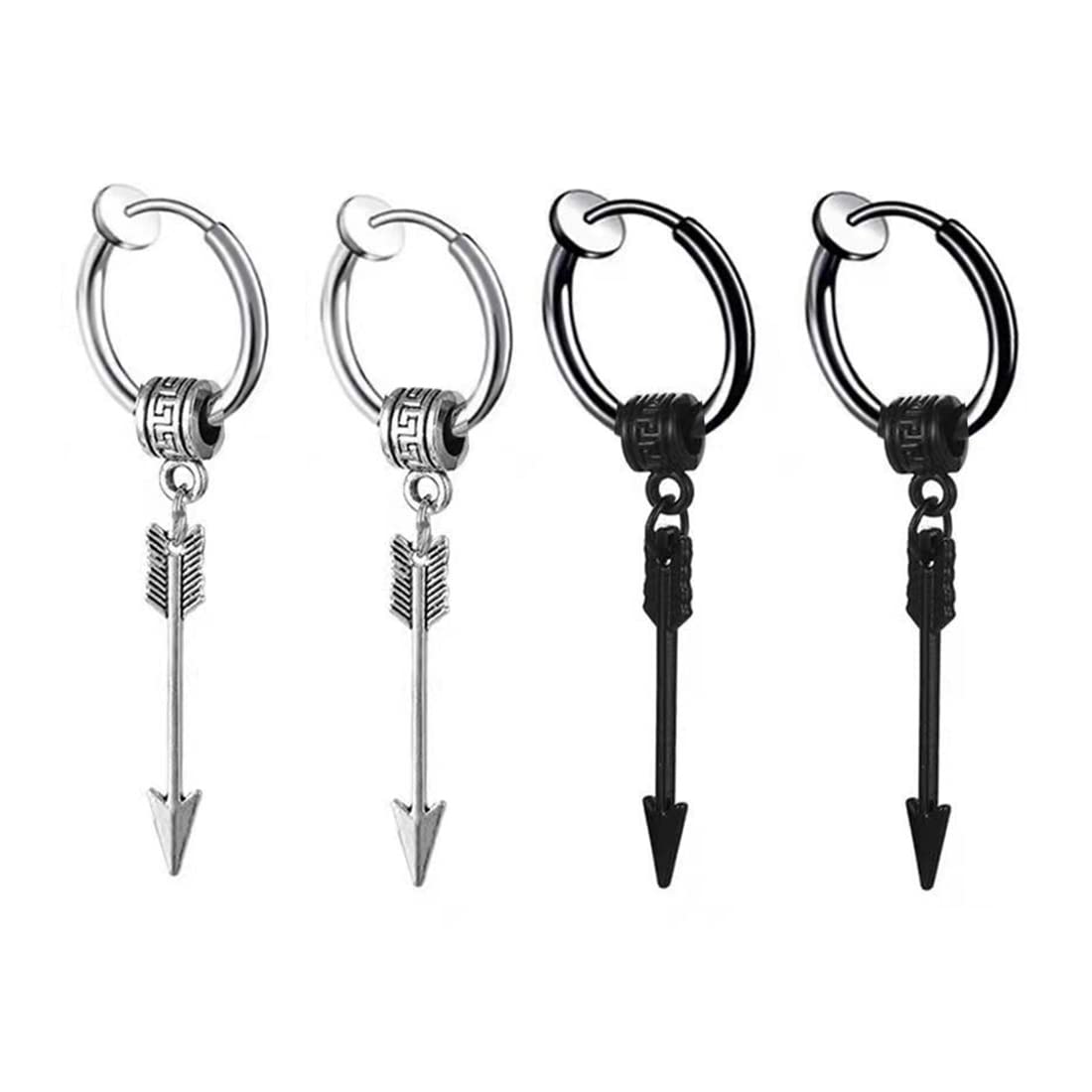 EUJEBEDA 2 Pares de Pendientes Magnéticos No Perforante Pendientes Colgantes de Plumas de Acero Inoxidable Pendientes de Imán CZ Pendiente de Aro de Cruz con Bisagras（Flecha）