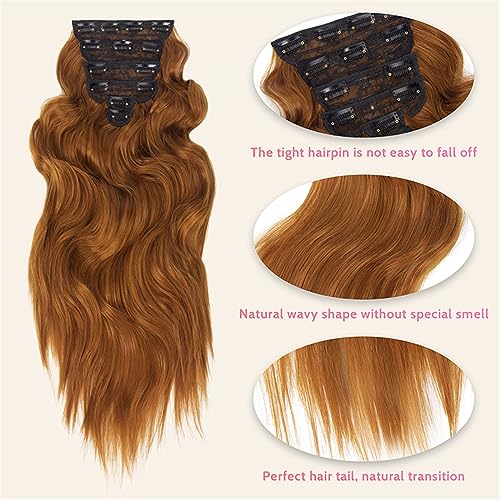Extensiones de cabello postizo sintético largo ondulado grueso de clips color naranja 4