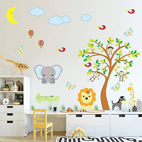 Supzone Jungle Animal Wall Stickers Monkey Tree Wall Decals Elephant Giraffe Zebra Vinyl Forest Animal Wall Stickers Diy Removable Home Decoration Baby Nursery Girl Boy Kids Room Wall Decor #TOP1
