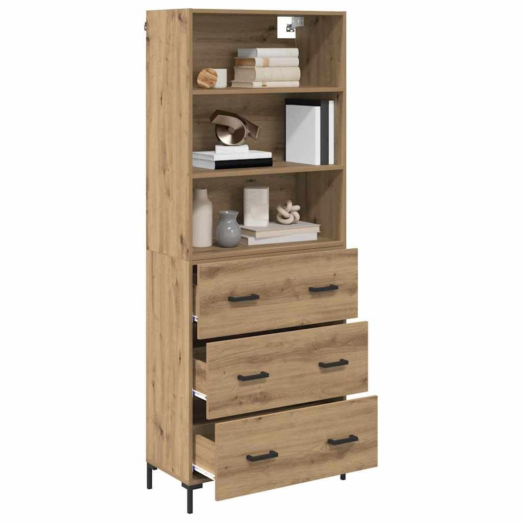 Artisan Oak Engineered Wood Highboard with 3 Drawers | Features a slim profile measuring 27.4 x 13.4 x 70.9 inches, providing vertical storage for living or dining rooms.