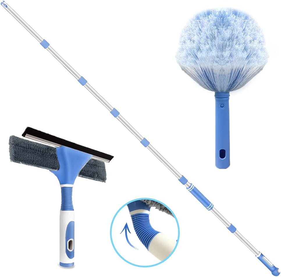 Window Squeegee Cleaner& Cobweb Duster Sets, 2 in 1 Shower Squeegee with Extension Pole, ‘105’ Telescopic Window Cleaning Equipment with Bendable Head, Flexible Dusters for Cleaning