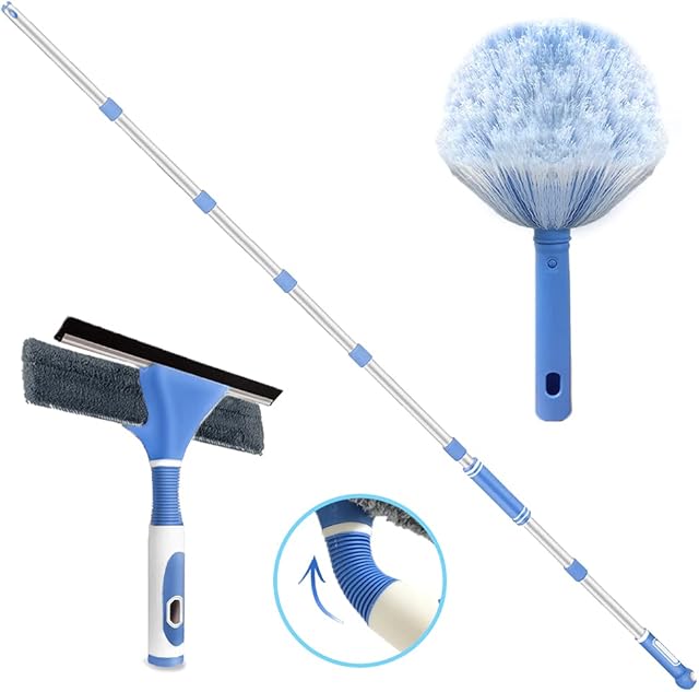 Window Squeegee Cleaner& Cobweb Duster Sets , 2 in 1 Shower Squeegee with Extension Pole, 105 Telescopic Window Cleaning Equipment with Bendable Head, Flexible Dusters for Cleaning