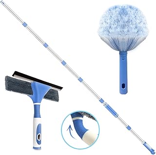Window Squeegee Cleaner& Cobweb Duster Sets , 2 in 1 Shower Squeegee with Extension Pole, ‘105’ Telescopic Window Cleaning Equipment with Bendable Head, Flexible Dusters for Cleaning