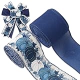 FYSUIMU Fall Pumpkin Wired Edge Ribbon 20 Yards Blue Thanksgiving Fabric Ribbons Farmhouse Craft Ribbon for Wreath Bow Making Gift Wrapping Autumn Harvest Party, 2 Rolls