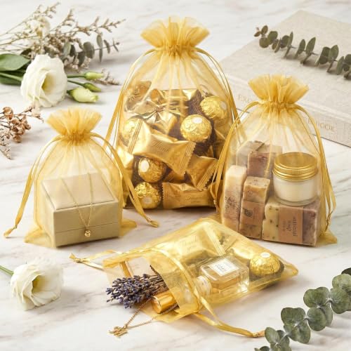 Image of FUNFERY 100PCS Gold Organza Gift Bags 4x6in,Drawstring Pouch for Jewelry
