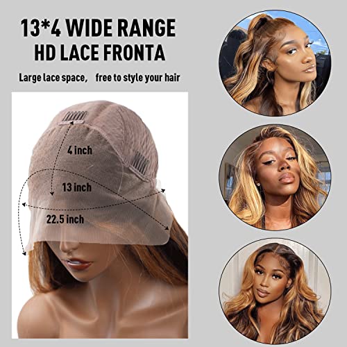 Facmood Honey Blonde Highlight Lace Front Wigs Human Hair Body Wave, 13X4 Hd Transparent Lace Front Brown Ombre Wigs For Black Women 24 Inch, 180 Density Pre-Plucked With Baby Hair #TOP4