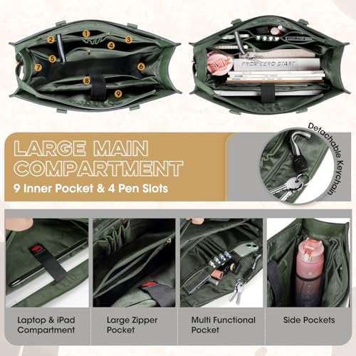 NEWHEY Laptop Bag for Women 15.6 Inch Work Tote Bags Leather Computer Bag with Clutch Purse Professional Office Briefcase Waterproof Handbag for Business Travel College, Dark Green