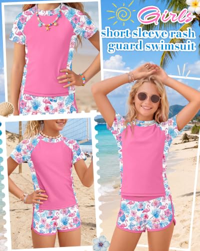 Image of Xaatren Girls 2 Piece Rash Guard Swimsuit | Quick Dry Bathing Suits, Short Sleeve Floral Beach Swimwear, Summer Tee and Boyshort Sets, Protection, Hawaiian, 7-16 Year