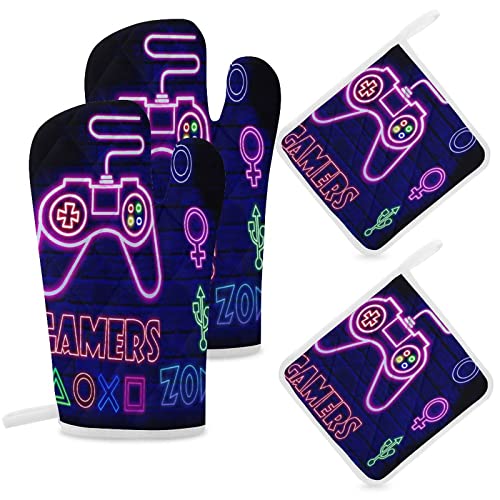 Gamepad Boys Girls Young Men Gamer Black Breathable Video Game Zone Oven Mitts And Pot Holders, 4-Piece Set, Heavy Duty Cooking Gloves, Kitchen Counter Safe Trivet Mats, Advanced Heat Resistance #TOP6