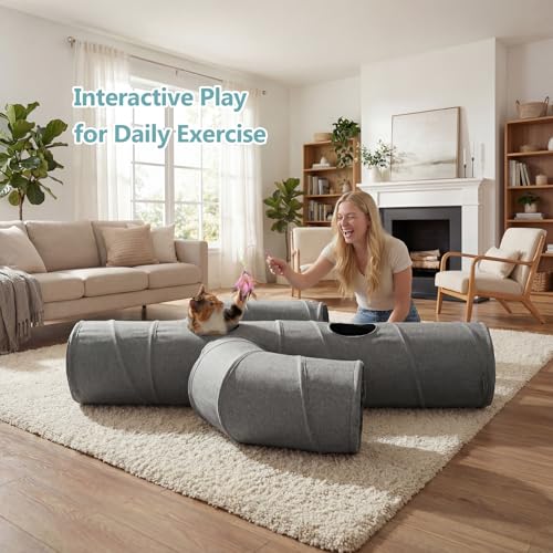 Image of Ownpets Cat Tunnel Sturdy Oxford Fabric Cat Tunnel Toy, Cactus Shape Collapsible Cat Tunnels for Indoor Cats,Interactive Peek Hole Pet Tunnel Tube with Cat Wand Toy
