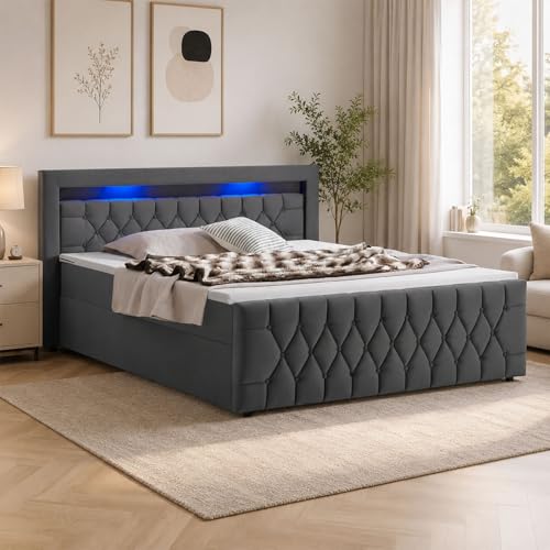 Juskys Boxspringbett Leona 180x200 cm - Bett mit LED Beleuchtung, Topper...