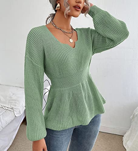 Image of Veatzaer Womens V Neck Sweaters Fall Trendy Casual Long Lantern Sleeve Ribbed Knit Pullover Sweater Tops