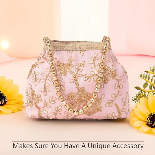 Image of Kuber Industries Pack of 2 Potli Bags for Ladies & Girls | Women Shagun Pouches for Festive Seasons | Bridal Purse | Moti Embroidery- Peach & Red