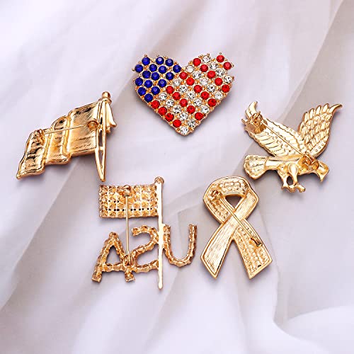 Image of American Flag Brooches 4 th of July Patriotic Red White Blue Rhinestone USA Letter Cross Eagle Map Heart Ribbon Brooch Pin Bulk Vintage Fourth of July Celebrate Independence Day Lapel Pins for Women Men