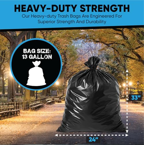 Image of Black 13 Gallon Trash Bags - Bulk 1020 Count - Tall Kitchen Garbage Bags - 13 Gal Unscented Plastic Can Liners for Bathroom, Office, Janitorial, Commercial, Industrial, Municipal - Drawstring-Free