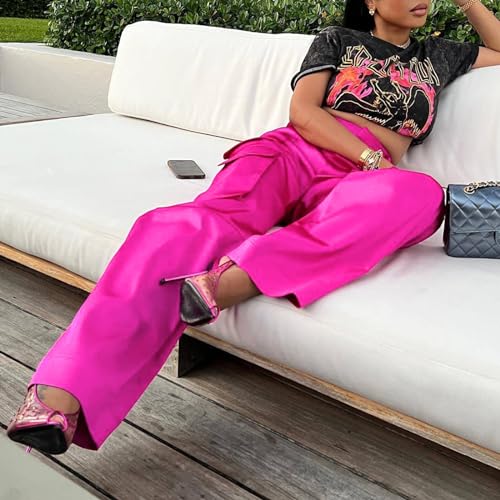 XZLUFNY Satin Cargo Pants for Women High Waist Multiple Pockets Wide Leg Trouser2