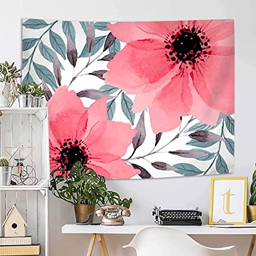 Plants Floral Tapestry Wall Hanging, Pink Flowers And Green Leaves On White Background Tapesties, 60 X 50 #TOP1