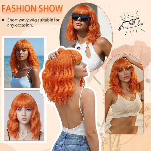 Image of Pastel Ginger Wavy Bob Wig for Women, Short Shoulder Length Synthetic Wig with Bangs, Matte Natural Realistic Look Lightweight Hairpiece, Ginger Color for Daily Wear & Cosplay Costume